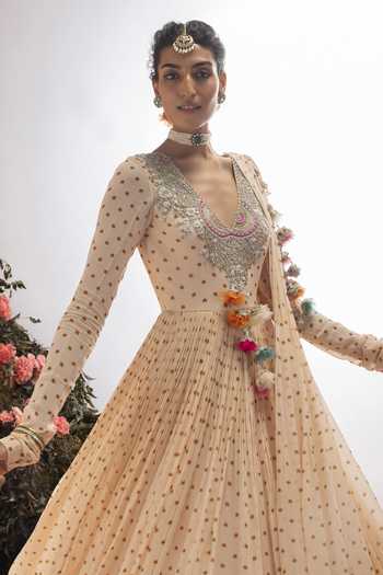 Buy_Bhumika Sharma_Beige Georgette V-neck Ismat Printed Anarkali _Online_at_Aza_Fashions