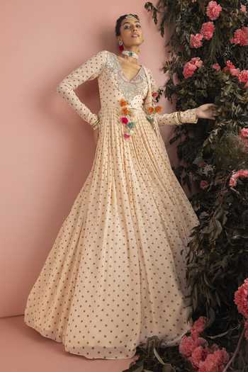 Shop_Bhumika Sharma_Beige Georgette V-neck Ismat Printed Anarkali _Online_at_Aza_Fashions
