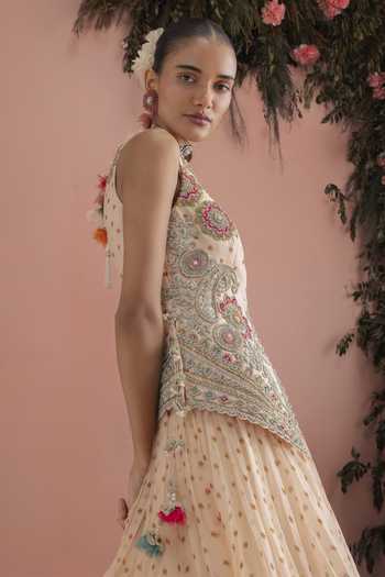 Bhumika Sharma_Beige Organza Plunge Neck Raisa Floral Embroidered Jacket And Skirt Set _Online_at_Aza_Fashions