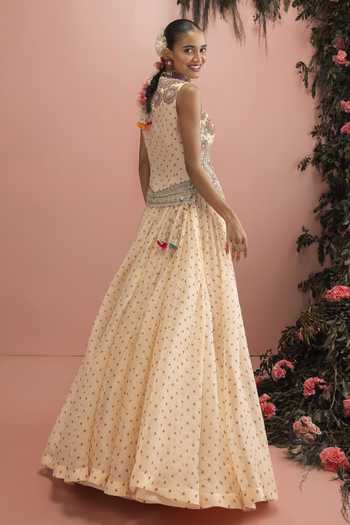 Shop_Bhumika Sharma_Beige Organza Plunge Neck Raisa Floral Embroidered Jacket And Skirt Set _at_Aza_Fashions