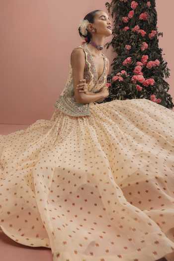 Buy_Bhumika Sharma_Beige Organza Plunge Neck Raisa Floral Embroidered Jacket And Skirt Set _Online_at_Aza_Fashions