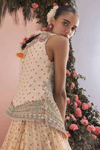 Shop_Bhumika Sharma_Beige Organza Plunge Neck Raisa Floral Embroidered Jacket And Skirt Set _Online_at_Aza_Fashions