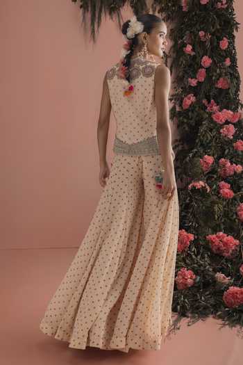 Shop_Bhumika Sharma_Beige Georgette Plunge Neck Minhal Printed Jacket And Palazzo Set _at_Aza_Fashions