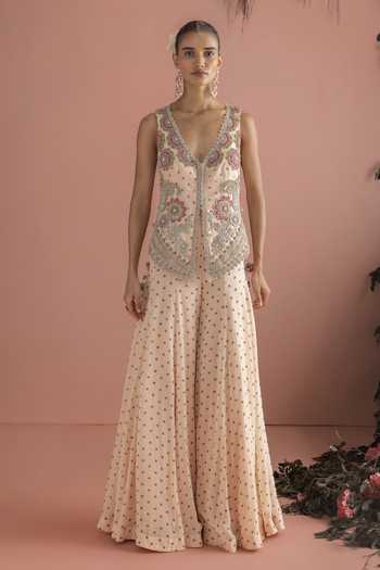 Bhumika Sharma_Beige Georgette Plunge Neck Minhal Printed Jacket And Palazzo Set _Online_at_Aza_Fashions