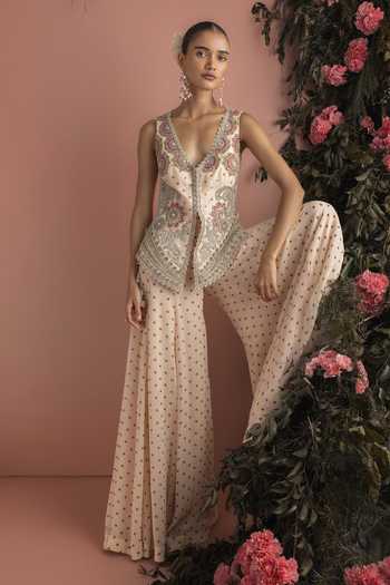 Buy_Bhumika Sharma_Beige Georgette Plunge Neck Minhal Printed Jacket And Palazzo Set _Online_at_Aza_Fashions