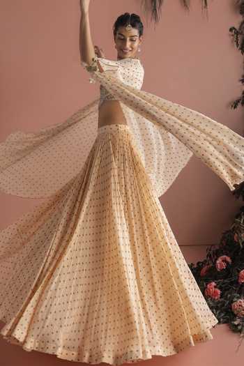 Bhumika Sharma_Beige Georgette V-neck Rimza Printed Cape Skirt Set _Online_at_Aza_Fashions