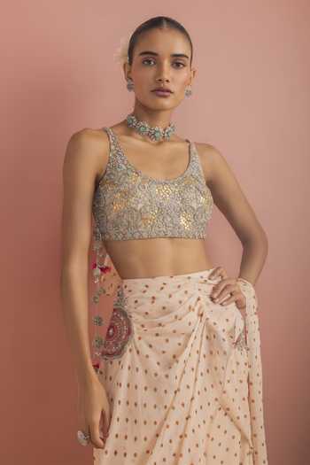 Bhumika Sharma_Beige Georgette Scoop Neck Maera Floral Print Saree With Blouse _Online_at_Aza_Fashions