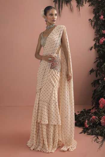 Shop_Bhumika Sharma_Beige Georgette Scoop Neck Maera Floral Print Saree With Blouse _at_Aza_Fashions