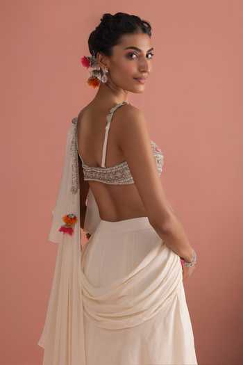 Shop_Bhumika Sharma_Ivory Georgette Square Neck Laviza Pre Draped Saree With Embroidered Blouse _at_Aza_Fashions