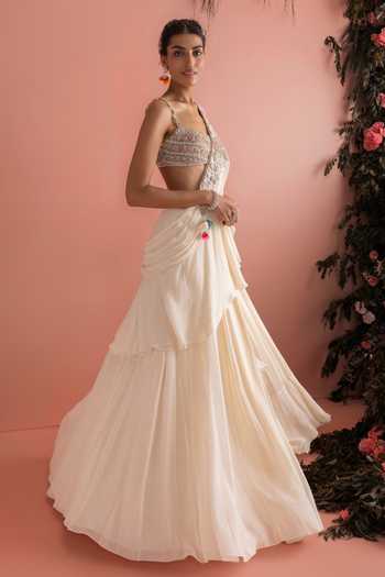 Bhumika Sharma_Ivory Georgette Square Neck Laviza Pre Draped Saree With Embroidered Blouse _Online_at_Aza_Fashions