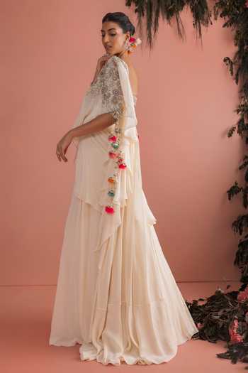 Buy_Bhumika Sharma_Ivory Georgette Square Neck Laviza Pre Draped Saree With Embroidered Blouse _Online_at_Aza_Fashions