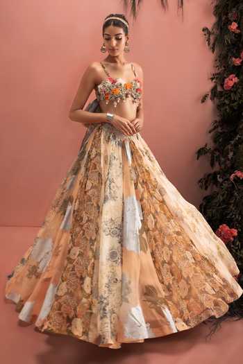 Buy_Bhumika Sharma_Beige Organza Sweetheart Neck Gulzaar Printed Lehenga And Bustier Set _at_Aza_Fashions