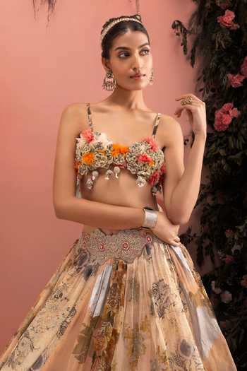 Buy_Bhumika Sharma_Beige Organza Sweetheart Neck Gulzaar Printed Lehenga And Bustier Set _Online_at_Aza_Fashions