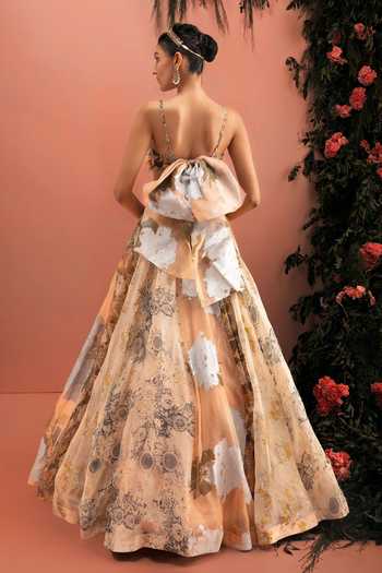 Shop_Bhumika Sharma_Beige Organza Sweetheart Neck Gulzaar Printed Lehenga And Bustier Set _at_Aza_Fashions