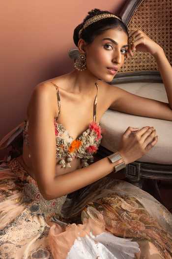 Shop_Bhumika Sharma_Beige Organza Sweetheart Neck Gulzaar Printed Lehenga And Bustier Set _Online_at_Aza_Fashions