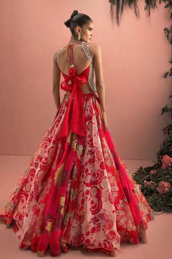 Shop_Bhumika Sharma_Red Organza Sequins, Beads, Stones Sweetheart Afra Printed Lehenga And Corset Set _at_Aza_Fashions