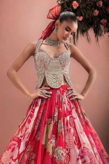 Buy_Bhumika Sharma_Red Organza Sequins, Beads, Stones Sweetheart Afra Printed Lehenga And Corset Set _Online_at_Aza_Fashions