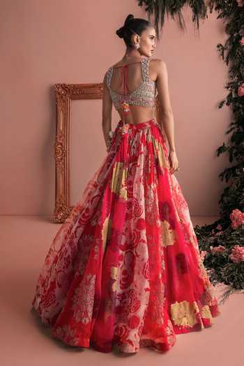 Shop_Bhumika Sharma_Fuchsia Organza V-neck Meryem Printed Lehenga Set _at_Aza_Fashions
