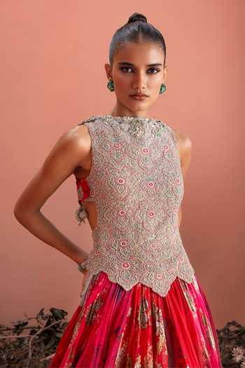Bhumika Sharma_Red Organza High Neck Arshi Printed Anarkali _Online_at_Aza_Fashions