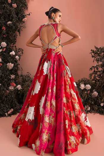 Shop_Bhumika Sharma_Red Organza High Neck Arshi Printed Anarkali _at_Aza_Fashions