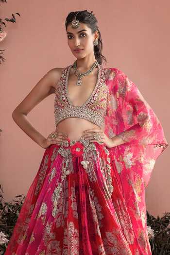 Bhumika Sharma_Fuchsia Organza V-, Halter Gulnaar Printed Lehenga Set _Online_at_Aza_Fashions
