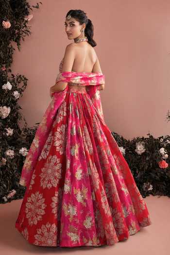 Shop_Bhumika Sharma_Fuchsia Organza V-, Halter Gulnaar Printed Lehenga Set _at_Aza_Fashions