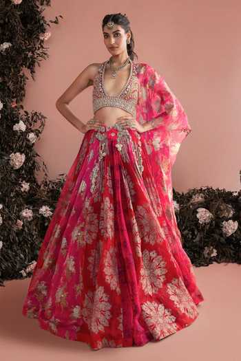 Buy_Bhumika Sharma_Fuchsia Organza V-, Halter Gulnaar Printed Lehenga Set _at_Aza_Fashions
