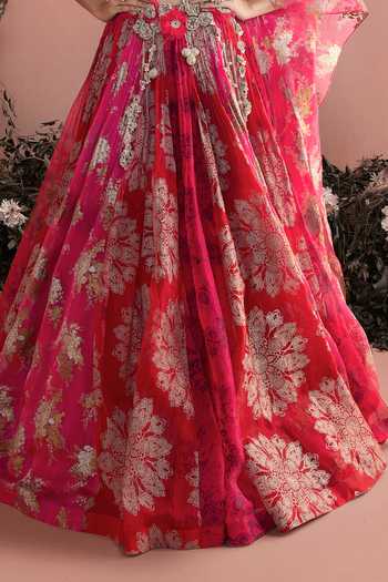 Buy_Bhumika Sharma_Fuchsia Organza V-, Halter Gulnaar Printed Lehenga Set _Online_at_Aza_Fashions