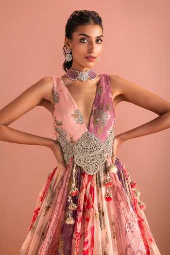 Bhumika Sharma_Pink Organza Plunge Neck Hazal Floral Print Anarkali _Online_at_Aza_Fashions