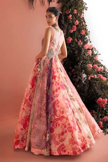 Shop_Bhumika Sharma_Pink Organza Plunge Neck Hazal Floral Print Anarkali _at_Aza_Fashions