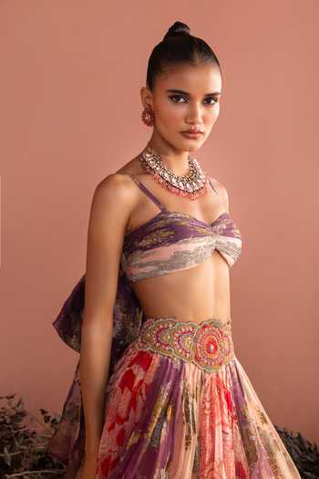 Bhumika Sharma_Pink Organza Sweetheart Neck Reemsha Printed Skirt And Bustier Set _Online_at_Aza_Fashions