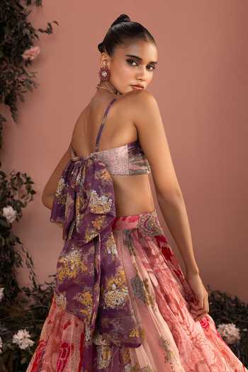 Buy_Bhumika Sharma_Pink Organza Sweetheart Neck Reemsha Printed Skirt And Bustier Set _Online_at_Aza_Fashions