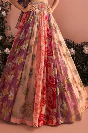 Shop_Bhumika Sharma_Pink Organza Sweetheart Neck Reemsha Printed Skirt And Bustier Set _Online_at_Aza_Fashions