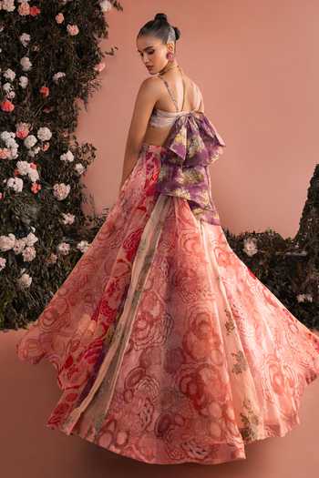 Shop_Bhumika Sharma_Pink Organza Sweetheart Neck Reemsha Printed Skirt And Bustier Set _at_Aza_Fashions