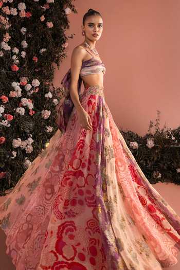 Bhumika Sharma_Pink Organza Sweetheart Neck Reemsha Printed Skirt And Bustier Set _at_Aza_Fashions