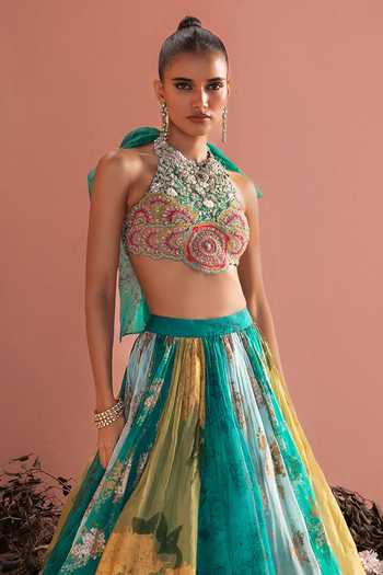 Bhumika Sharma_Blue Organza Halter Neck Zarinah Floral Print Skirt And Bustier Set _Online_at_Aza_Fashions