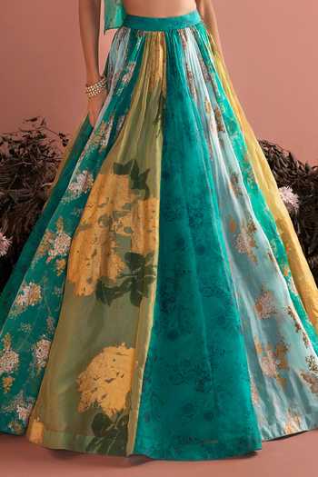 Buy_Bhumika Sharma_Blue Organza Halter Neck Zarinah Floral Print Skirt And Bustier Set _Online_at_Aza_Fashions