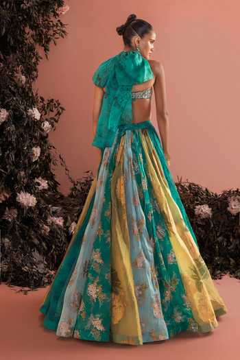 Shop_Bhumika Sharma_Blue Organza Halter Neck Zarinah Floral Print Skirt And Bustier Set _at_Aza_Fashions