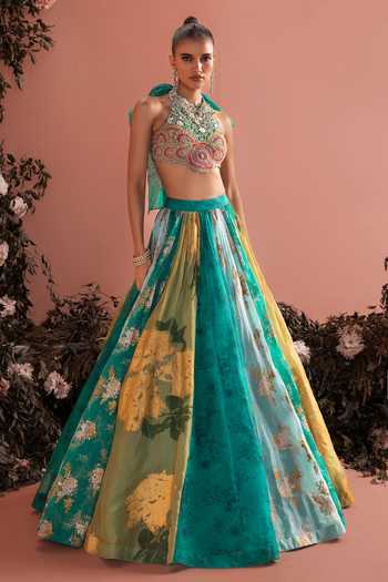 Buy_Bhumika Sharma_Blue Organza Halter Neck Zarinah Floral Print Skirt And Bustier Set _at_Aza_Fashions