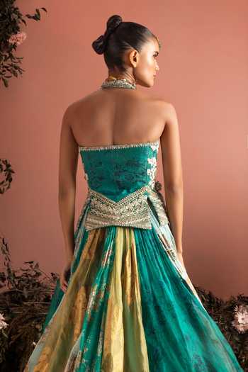 Shop_Bhumika Sharma_Green Organza Sweetheart Neck Jasma Flower Print Skirt And Bustier Set _at_Aza_Fashions