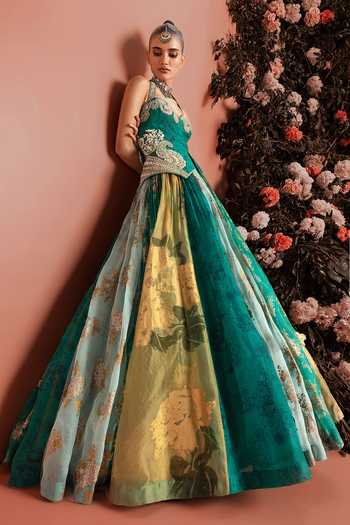 Shop_Bhumika Sharma_Green Organza Sweetheart Neck Jasma Flower Print Skirt And Bustier Set _Online_at_Aza_Fashions