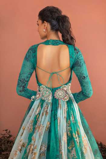 Shop_Bhumika Sharma_Green Organza High Neck Nuzhat Floral Print Anarkali _at_Aza_Fashions