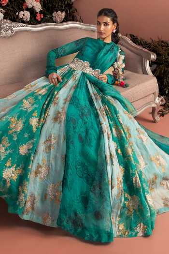 Buy_Bhumika Sharma_Green Organza High Neck Nuzhat Floral Print Anarkali _at_Aza_Fashions