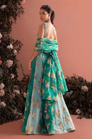 Shop_Bhumika Sharma_Green Organza V-neck Maisha Printed Sharara Set _at_Aza_Fashions