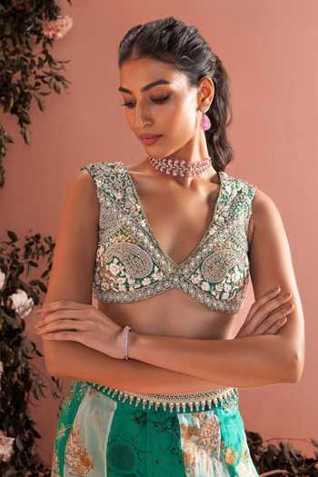 Bhumika Sharma_Green Organza V-neck Maisha Printed Sharara Set _Online_at_Aza_Fashions