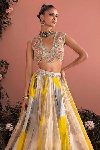 Bhumika Sharma_Gold Organza Plunge Neck Fenna Printed Skirt Set _Online_at_Aza_Fashions