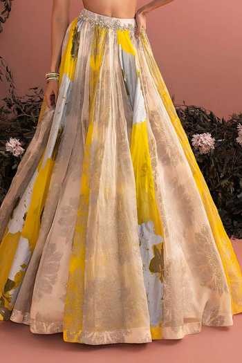 Buy_Bhumika Sharma_Gold Organza Plunge Neck Fenna Printed Skirt Set _Online_at_Aza_Fashions
