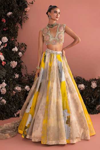 Buy_Bhumika Sharma_Gold Organza Plunge Neck Fenna Printed Skirt Set _at_Aza_Fashions