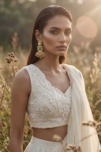 Basanti Kapde Aur Koffee_Ivory Organza V-neck Pleated Saree Set _Online_at_Aza_Fashions