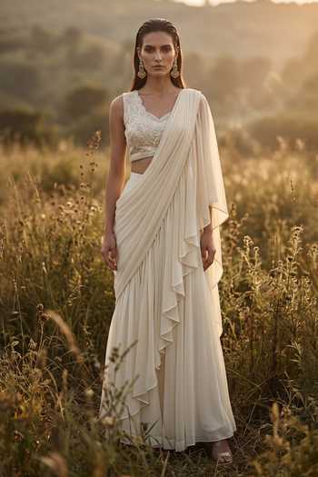 Buy_Basanti Kapde Aur Koffee_Ivory Organza V-neck Pleated Saree Set _at_Aza_Fashions